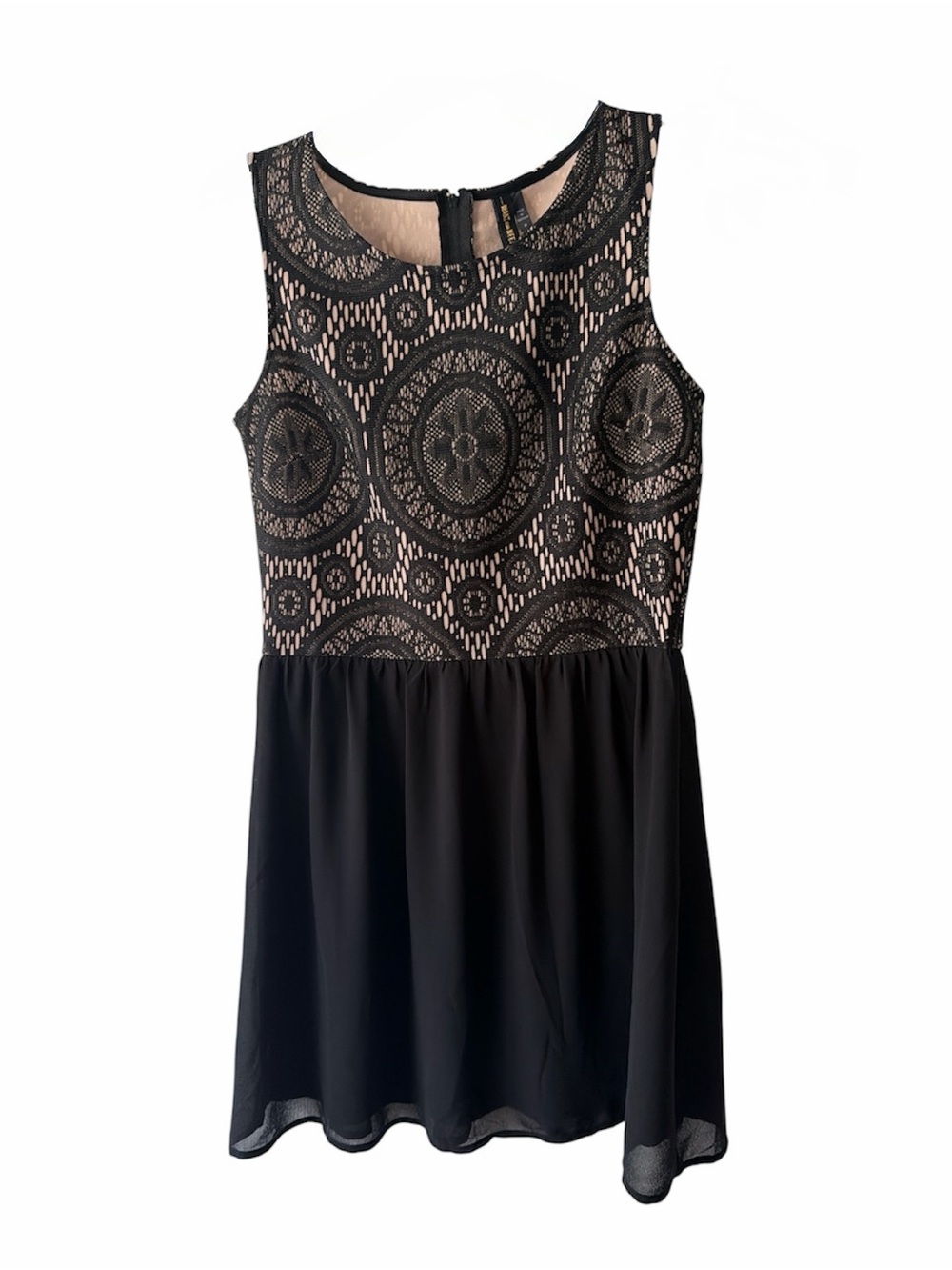 Sleeveless Black Lace Overlay Skater Dress - Women's